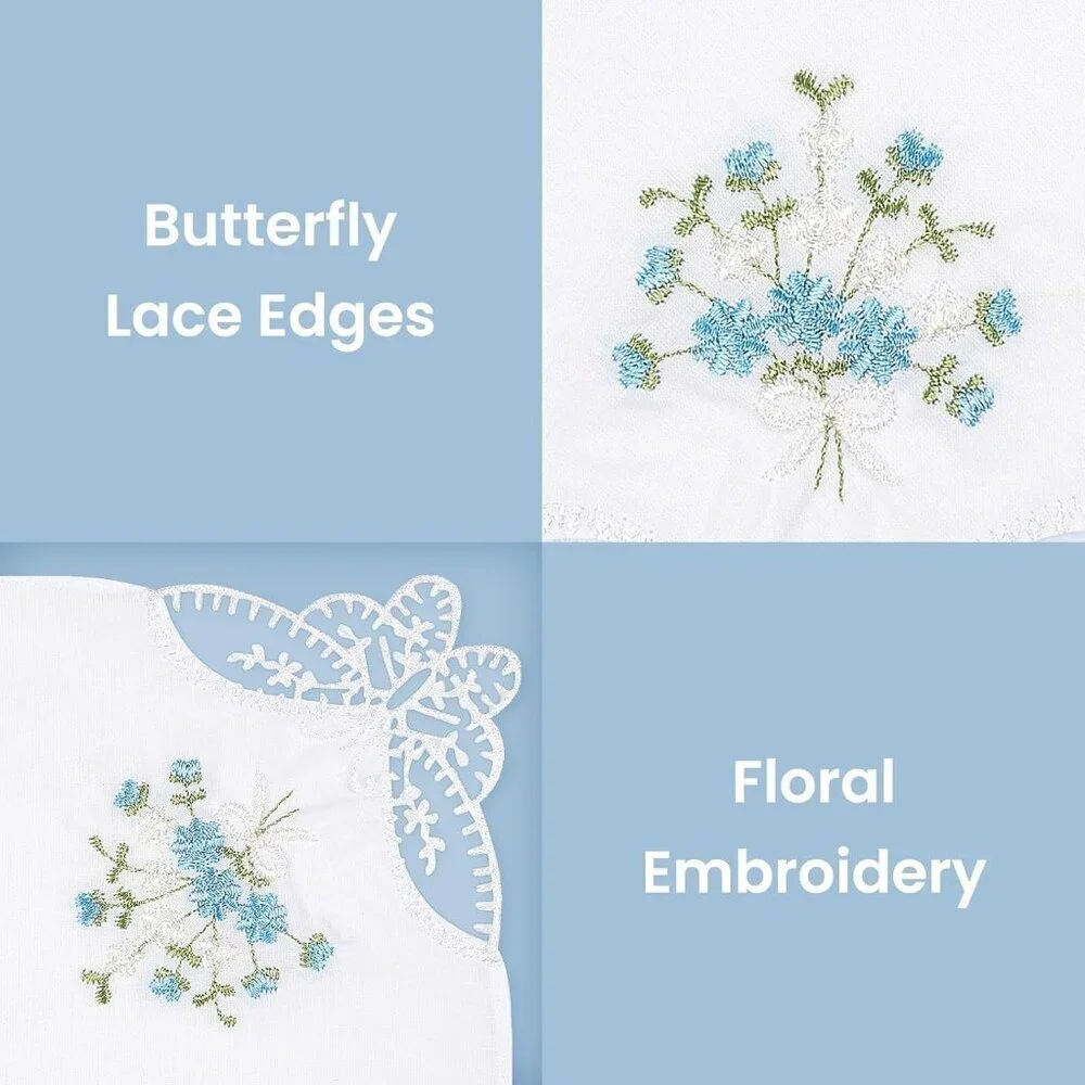 Women's Cotton Handkerchiefs Set of 12 Floral Embroidered Lace Hankies for Women